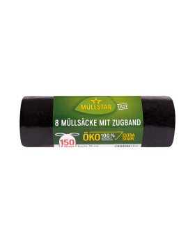 muellstar easy Oeko Muellsaecke 150 Liter, mit Zugband, extra stark, schwarz blickdicht, 78 mal 105 plus 5 cm, 100 Prozent recyceltes Polyethylen, 30 Stueck